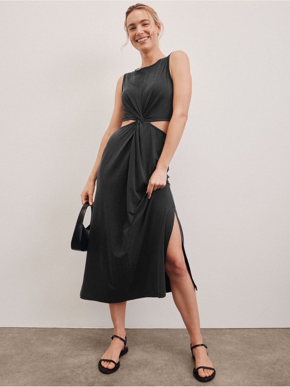 NWT Beyond Yoga Black Twist-Knot Cutout Midi Dress. Size Medium.